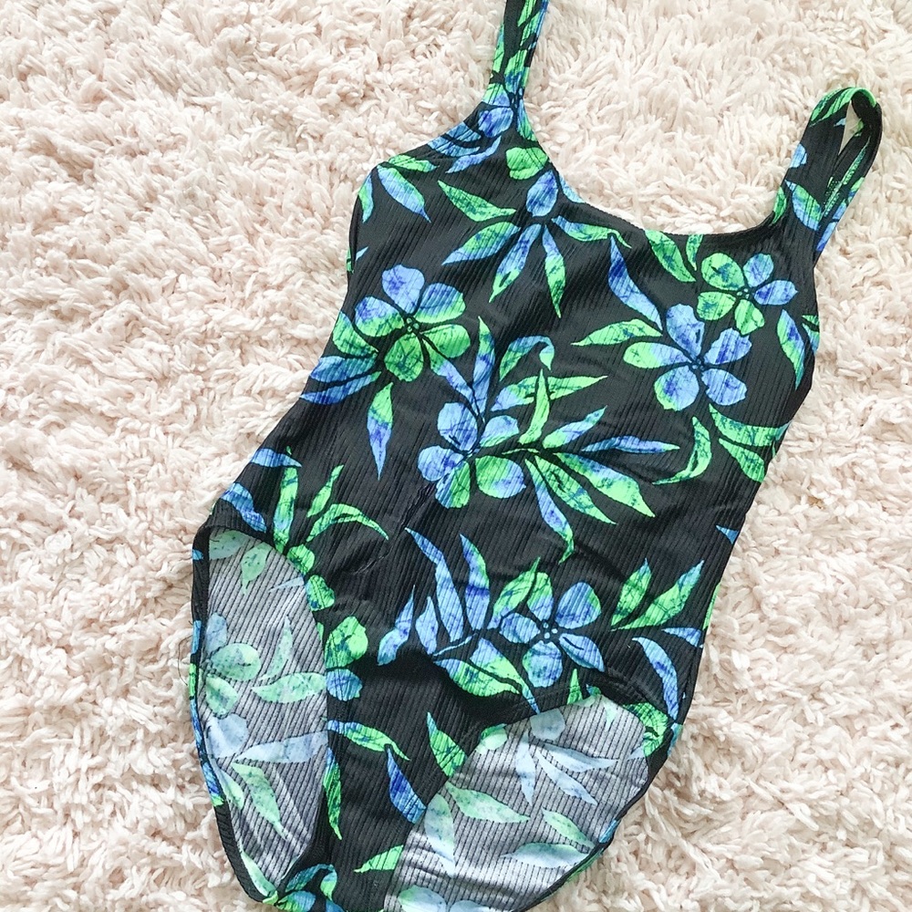 Vintage Black, Green & Blue Floral Bathing Suit